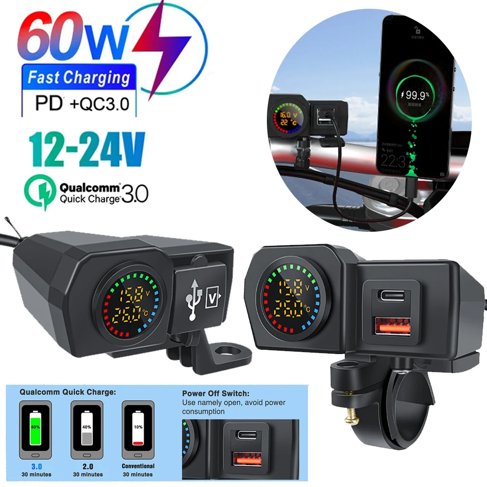 Travel Plug Type C - 60W Motorcycle QC3.0 PD Charger Socket