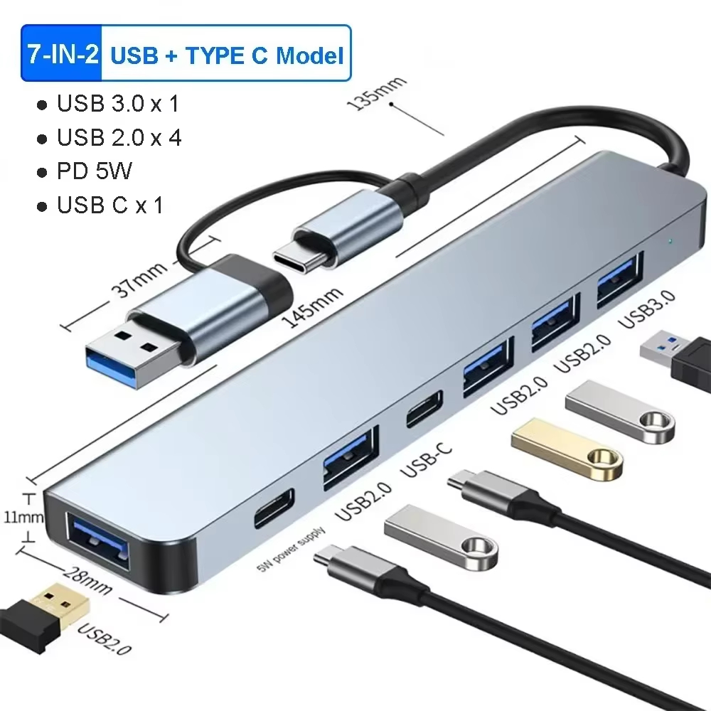 Travel Plug Type C - 7 in 2 USB C Hub