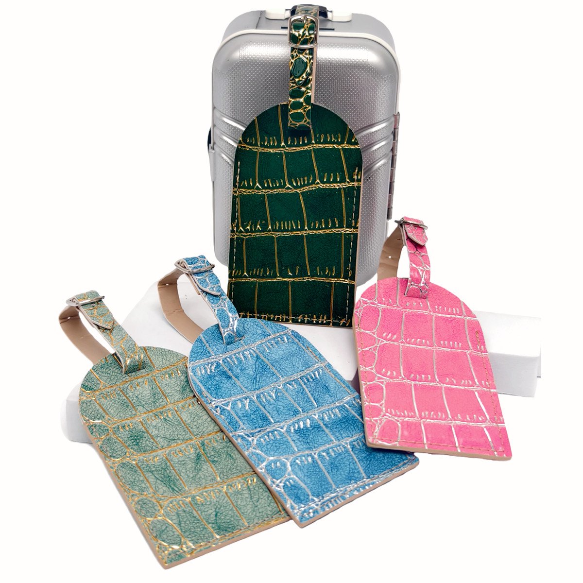 Luggage Tag Leather - Crocodile Embossed Gold/Silver Color Border Luggage