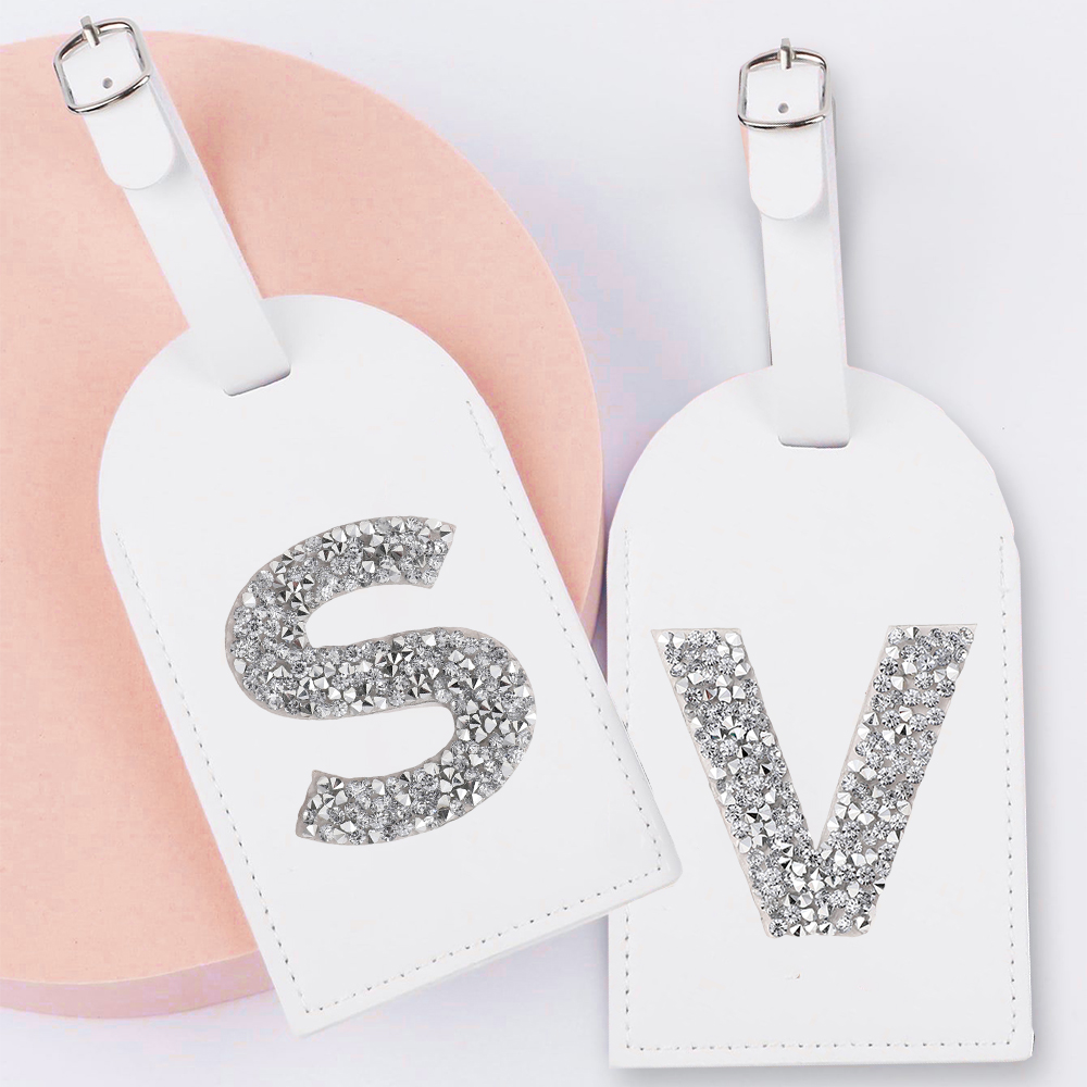Luggage Tag Leather - A-Z Rhinestone Monogram Leather Luggage Tag