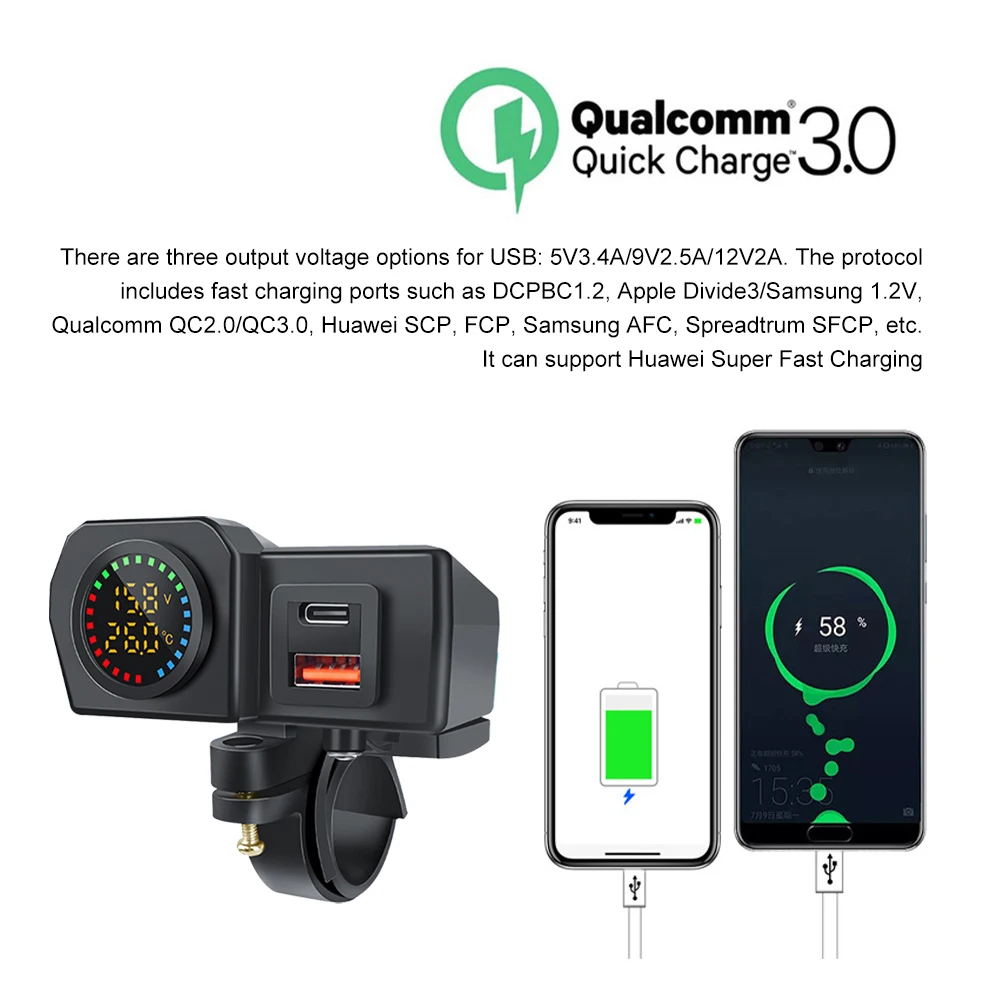 60W Motorcycle QC3.0 PD Charge - Travel Plug Type C recension och pris